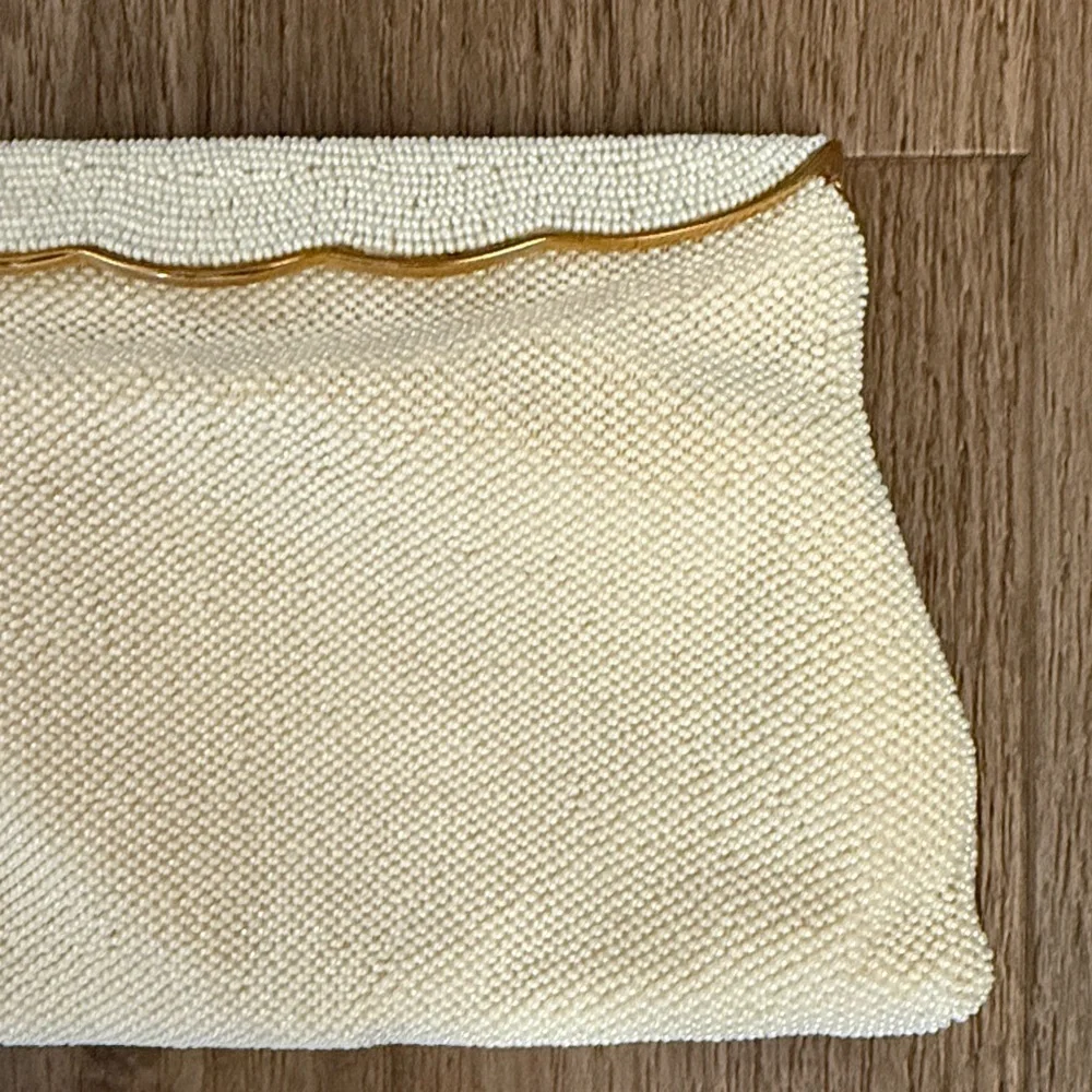 Vntg magid hand beaded made in France Cream wedding Clutch with Gold Trim